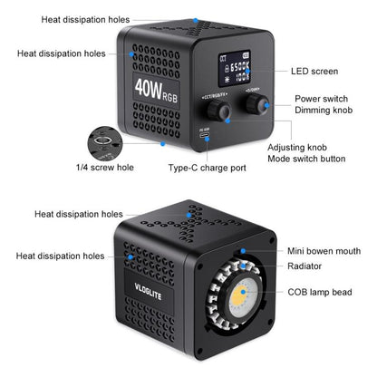 VLOGLITE P40RGB Photography 40W COB RGB Video Light 20 Effects Modes Studio Video Lamp, P40RGB