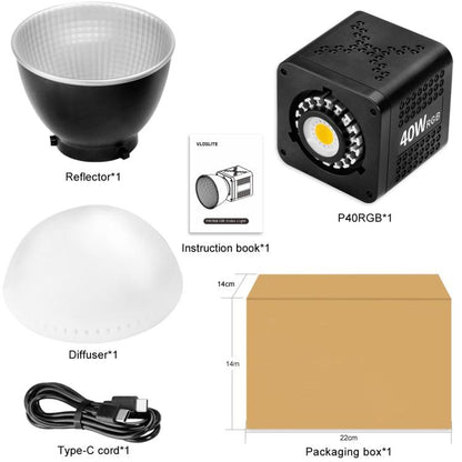 VLOGLITE P40RGB Photography 40W COB RGB Video Light 20 Effects Modes Studio Video Lamp, P40RGB