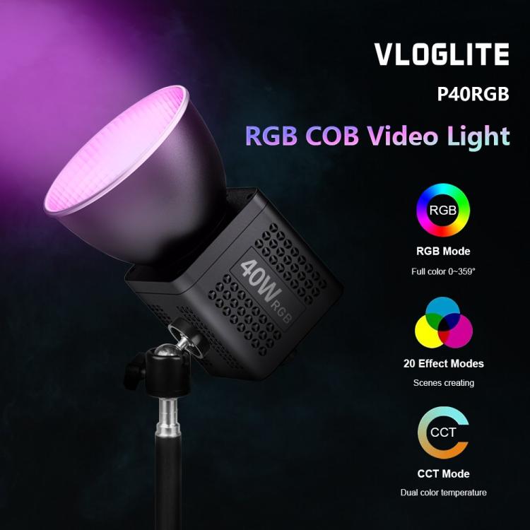 VLOGLITE P40RGB Photography 40W COB RGB Video Light 20 Effects Modes Studio Video Lamp, P40RGB