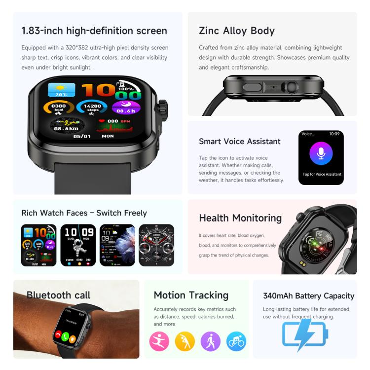 G47 1.83 inch HD Color Screen BT Calling Smart Watch Silicone Strap, Support Health Monitoring / HRV Function