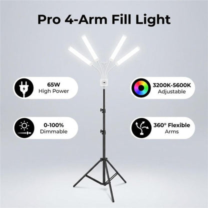 HD-150XJ 3200K-5600K Adjustable Remote Control 65W LED Photography Light 4-Arm Fill Light, US Plug, EU Plug, UK Plug, AU Plug