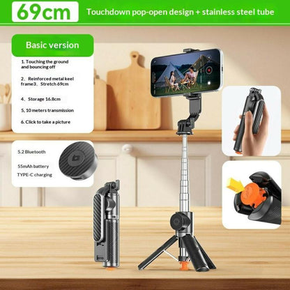 T01S For Live Streaming 3-in-1 Extendable Bluetooth Remote Phone Holder Stand Selfie Stick Tripod, T01S
