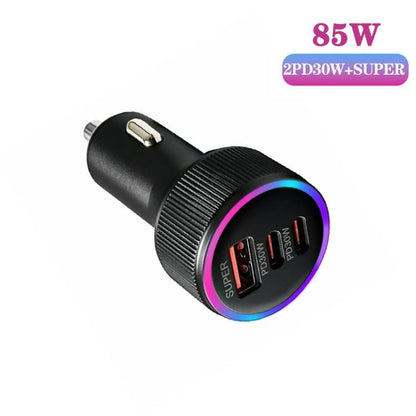 M31 Aluminum Alloy 85W PD30W x 2 + QC3.0 Car Charger with Type-C / 8 Pin Data Cable