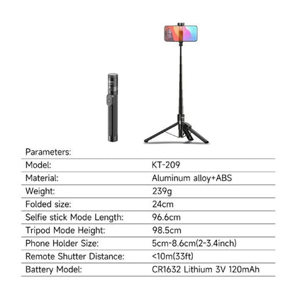JMARY KT-209 98.5cm Selfie Stick Aluminum Alloy Foldable Tripod with Wireless Remote for Live Streaming, KT-209