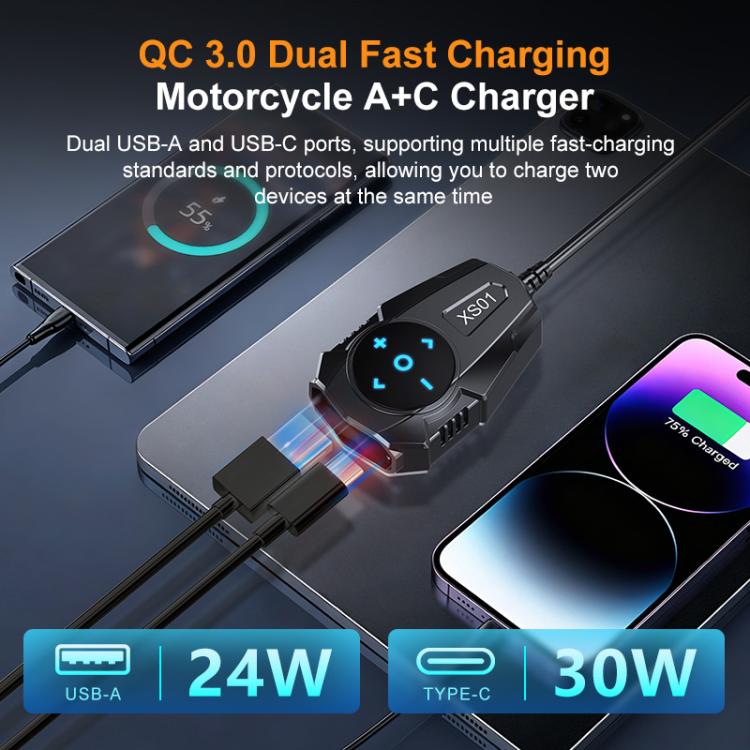54W Waterproof Motorcycle Phone Charger USB-A & Type-C Handlebar Charger with Bluetooth Controller