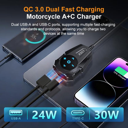 54W Waterproof Motorcycle Phone Charger USB-A & Type-C Handlebar Charger with Bluetooth Controller