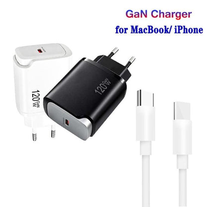 PD48 GaN 120W USB-C Laptop Power Supply with USB-C to USB-C Data Cable，EU Plug, EU Plug