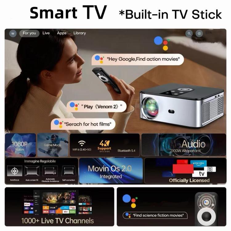 T20 Android 11 4000 Lumens 4K/8K Decode 1080P Native Auto Focus and Keystone Projector, UK Plug, US Plug, EU Plug, AU Plug