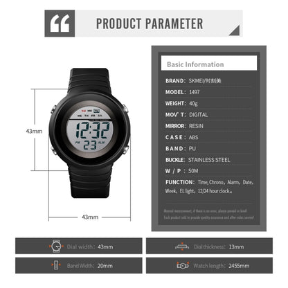 SKMEI 1497 Fashion Simple Backlight Single Display Electronic Watch Timing Alarm Watch