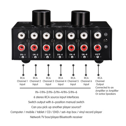 B016 6 Input 1 Output Audio Signal Source Selection Switcher, Output Volume Adjustment Control RCA Port, 6 Input 1 Output