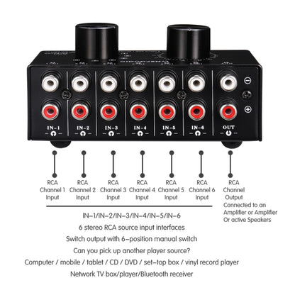 B016 6 Input 1 Output Audio Signal Source Selection Switcher, Output Volume Adjustment Control RCA Port, 6 Input 1 Output