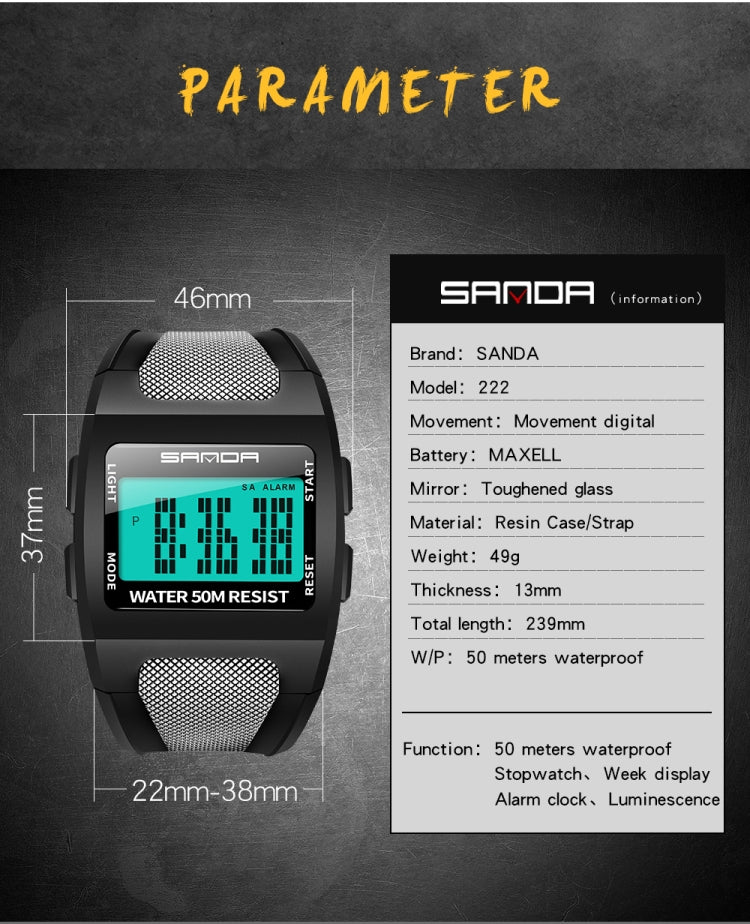 SANDA 222 Men Sports Outdoor Mountaineering Digital Electronic Watch Square Multi functional Waterproof Watch