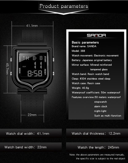 SANDA 388 Fashionable Square Outdoor Sports Leisure Watch Men's And Women's Multi-Functional Waterproof Luminous Electronic Watch
