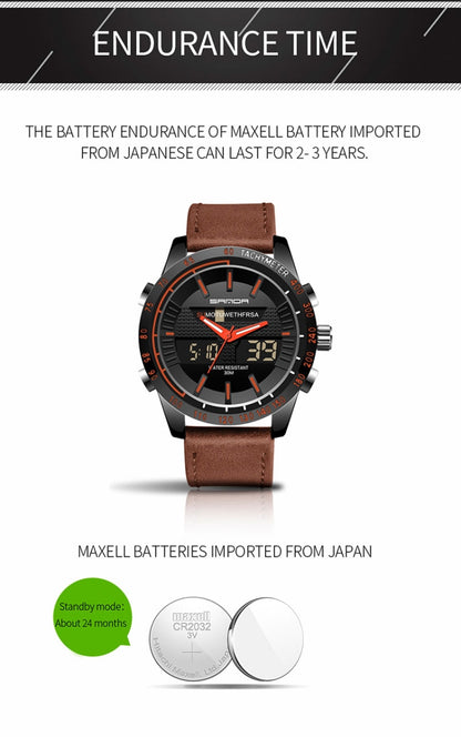 SANDA 774 Men Belt Watch Dual Display Multi Function Sports Electronic Watch Fashion Trend Leisure Waterproof Luminous Watch