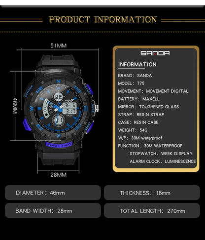 SANDA 775 Watch Male Electronic Watch Adult Middle School Students Youth Multi Functional Sports Water Proof Trend Double Watch