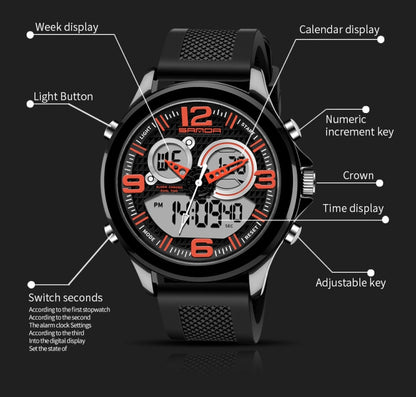 SANDA 793 large Dial Tide Watch Student Fashion Trend Multi Function Double Glow Waterproof Electronic Watch