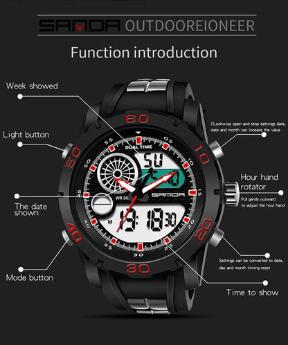 SANDA New Waterproof Luminous Plastic Multi Functional Watch Men Outdoor Sports LED Electronic Watch