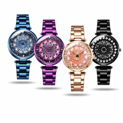 SANDA 1017 Lady Watch All Over The Sky Star 360 Degree Rotating Watch Diamond Steel Band Women Watch