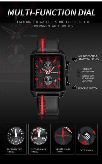 SANDA 5003 Three Eye Watch Six Pin Multi Purpose Sport Men Watch Leather Watch Student Waterproof Quartz Watch, Black, Red, Khaki, Brown