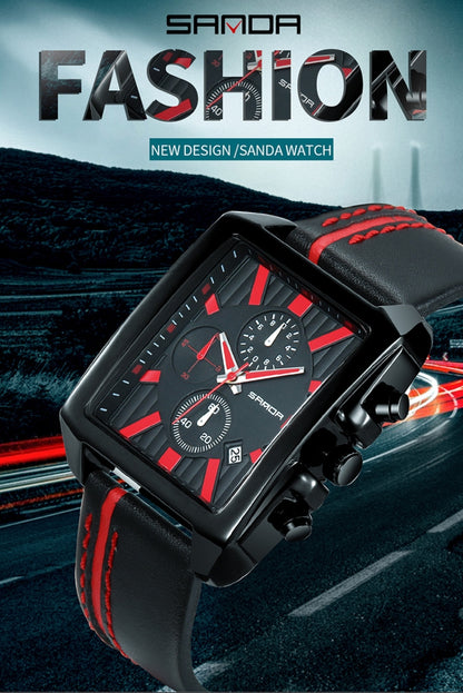 SANDA 5003 Three Eye Watch Six Pin Multi Purpose Sport Men Watch Leather Watch Student Waterproof Quartz Watch, Black, Red, Khaki, Brown