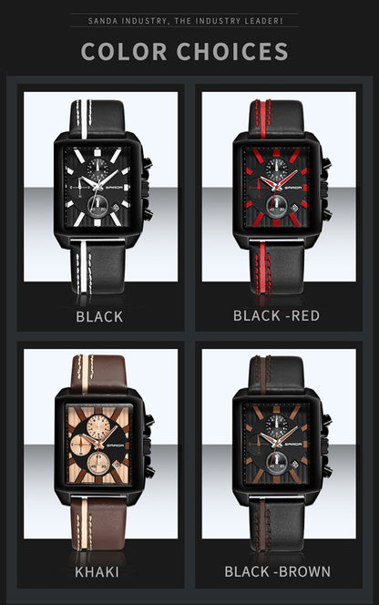 SANDA 5003 Three Eye Watch Six Pin Multi Purpose Sport Men Watch Leather Watch Student Waterproof Quartz Watch, Black, Red, Khaki, Brown