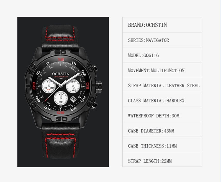 OCHSTIN 6116 Men  Leather Calendar Multi Function Leisure Men  Waterproof Watch