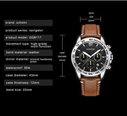 OCHSTIN 6117 Fashion Watch Leisure Leather Outdoor Sports Waterproof Watch