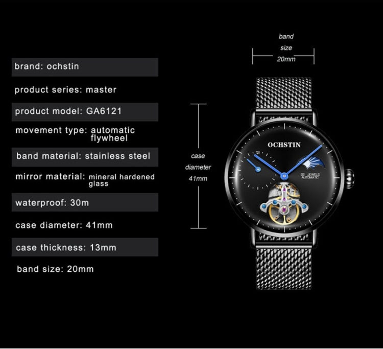OCHSTIN 6121 Flywheel Mechanical Watch Fashion Hollow Full Automatic Mechanical Watch Business Men Watch Stainless Steel Watch  Waterproof Watch