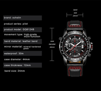OCHSTIN 6125B Watch Quartz Watch Night Light Waterproof Watch Timing Multi Function Leather Fashion Men Watch