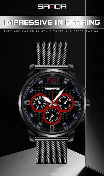 SANDA 5009 Business Fashion Three Eye Six Needle Casual Leather Waterproof Men Quartz Watch