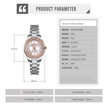 SKMEI 1534 elegant waterproof quartz steel band watch with diamond inlay