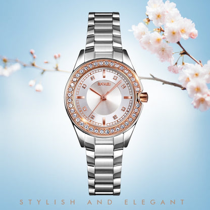 SKMEI 1534 elegant waterproof quartz steel band watch with diamond inlay