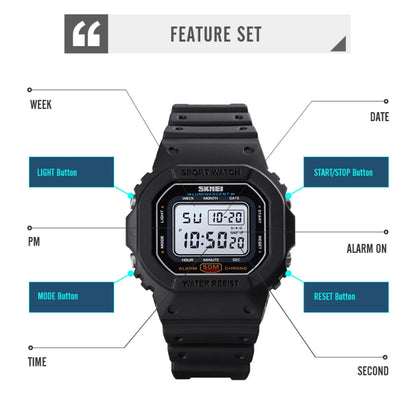 Skmei 1608 Multi-Function Student Electronic Watch Waterproof Timing Silicone Sports Watch