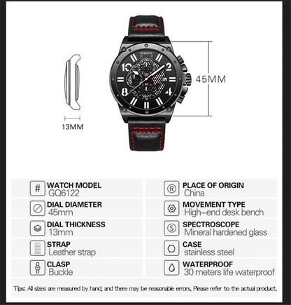 Ochstin 6122 Multi Function Quartz Watch Sports Luminous Waterproof Watch Calendar Leather Men Watch
