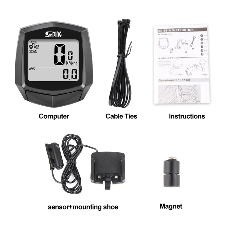 SUNDING SD-581A Bike Wired Computer Speedometer Odometer Cycling Bicycle Waterproof Measurable Temperature Stopwatch, SUNDING SD-581A