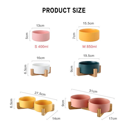 Cat Bowl Dog Pot Pet Ceramic Bowl, 13cm/400ml Single Bowl, 13cm/400ml Single Bowl With Wooden Stand, 13cm/400ml Double Bowl With Wooden Stand, 15.5cm/850ml Single Bowl, 15.5cm/850ml Single Bowl With Wooden Stand