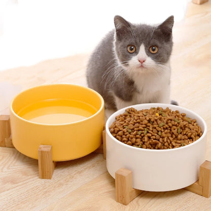 Cat Bowl Dog Pot Pet Ceramic Bowl, 13cm/400ml Single Bowl, 13cm/400ml Single Bowl With Wooden Stand, 13cm/400ml Double Bowl With Wooden Stand, 15.5cm/850ml Single Bowl, 15.5cm/850ml Single Bowl With Wooden Stand