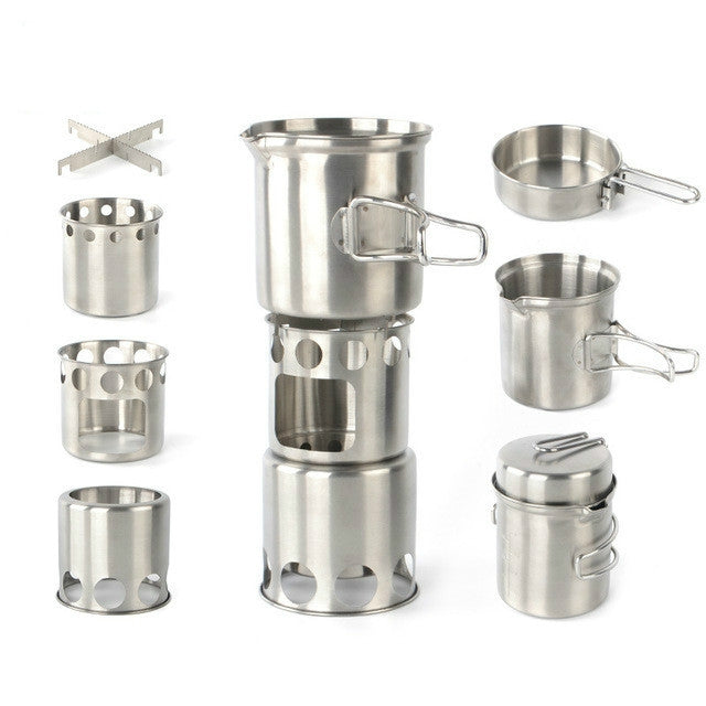 Outdoor Stainless Steel Windproof Stove Portable Camping Roast Stove Set, Wood Stove, Stove Set+Wood Stove