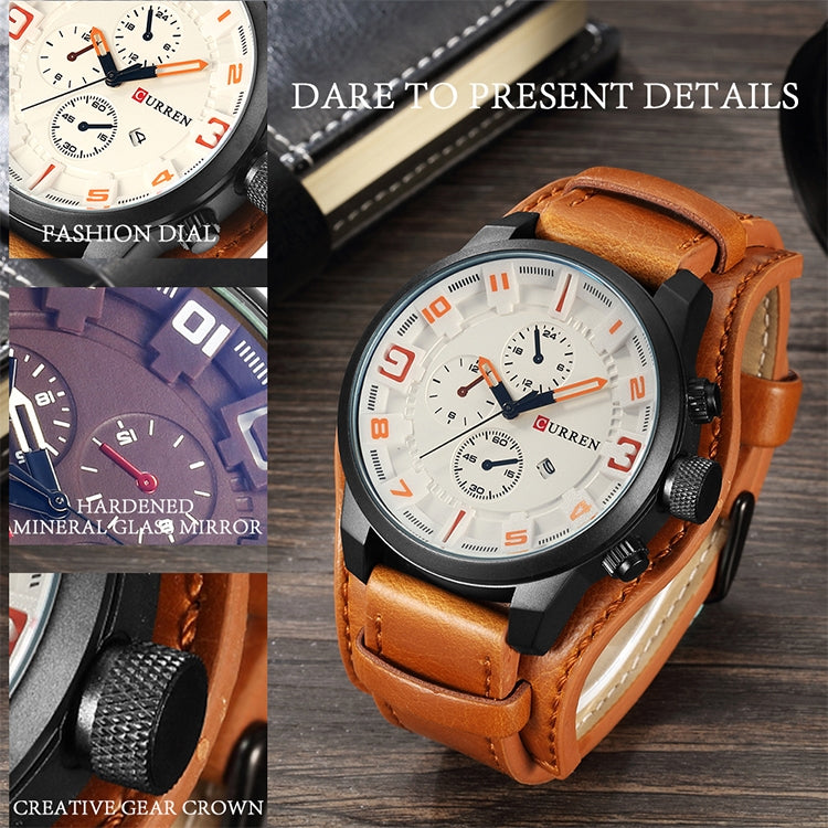 Curren M8225 Army Military Leather Band Men Quartz Watch, Black Red, Black Yellow, Black Grey, Black White, Black Brown