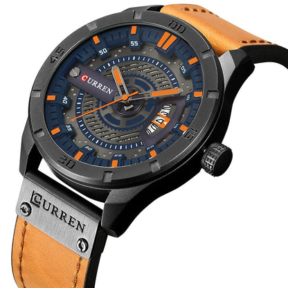 CURREN M8301 Men Military Sports Watch Quartz Date Clock Leather Wristwatch, black case orange, black case red, black case black face deep brown band, black case grey face light brown band, black case blue