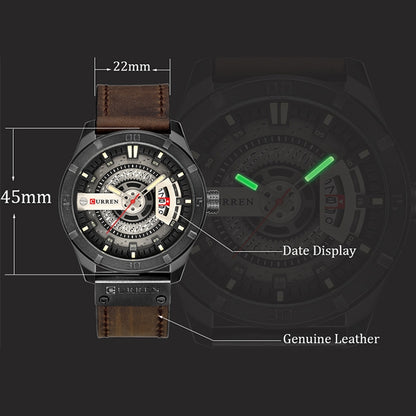 CURREN M8301 Men Military Sports Watch Quartz Date Clock Leather Wristwatch, black case orange, black case red, black case black face deep brown band, black case grey face light brown band, black case blue