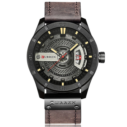 CURREN M8301 Men Military Sports Watch Quartz Date Clock Leather Wristwatch, black case orange, black case red, black case black face deep brown band, black case grey face light brown band, black case blue