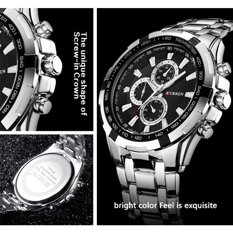 CURREN 8023 Men Stainless Steel Analog Sport Quartz Watch, White case white face, Silver case gold face, Silver case gold ring black face, Black case white face, Black case black face, Black case gold ring white face, Black case gold face