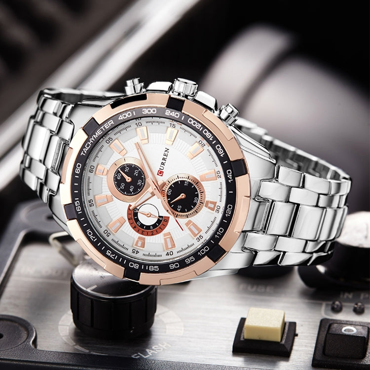 CURREN 8023 Men Stainless Steel Analog Sport Quartz Watch, White case white face, Silver case gold face, Silver case gold ring black face, Black case white face, Black case black face, Black case gold ring white face, Black case gold face