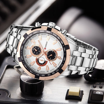 CURREN 8023 Men Stainless Steel Analog Sport Quartz Watch, White case white face, Silver case gold face, Silver case gold ring black face, Black case white face, Black case black face, Black case gold ring white face, Black case gold face