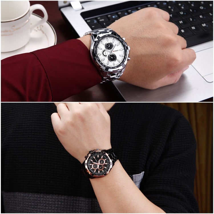 CURREN 8023 Men Stainless Steel Analog Sport Quartz Watch, White case white face, Silver case gold face, Silver case gold ring black face, Black case white face, Black case black face, Black case gold ring white face, Black case gold face