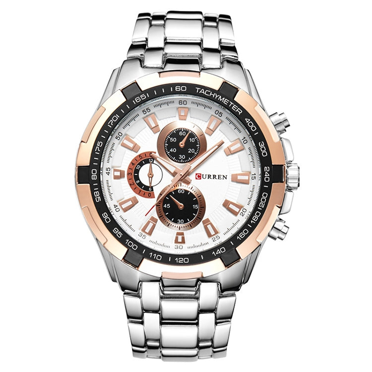 CURREN 8023 Men Stainless Steel Analog Sport Quartz Watch, White case white face, Silver case gold face, Silver case gold ring black face, Black case white face, Black case black face, Black case gold ring white face, Black case gold face