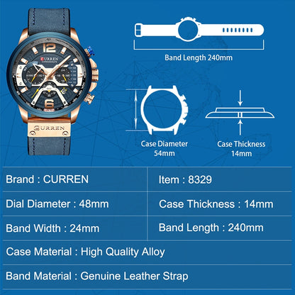 CURREN M8329 Casual Sport Leather Watch for Men, Rose blue, Rose black, Gold black, Black Khaki, White black