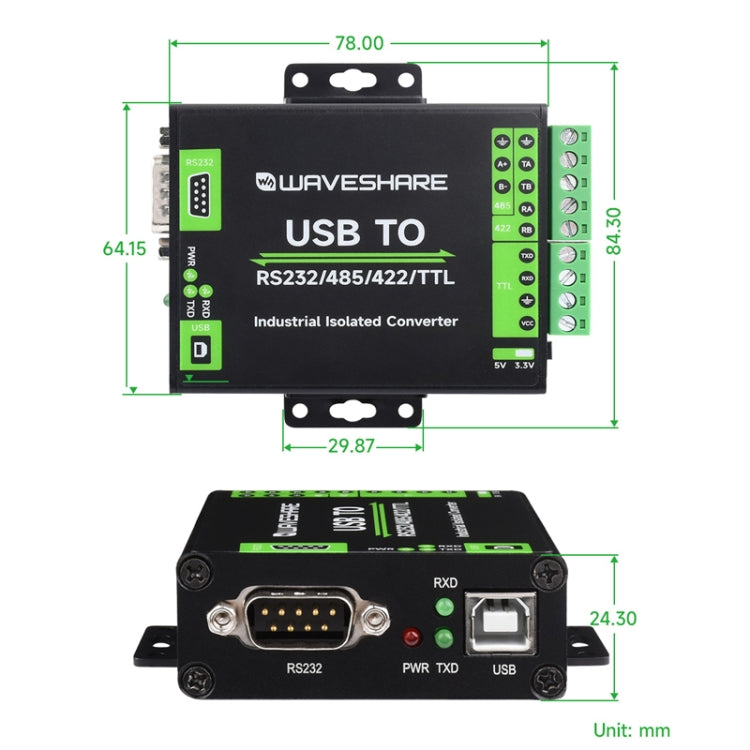 Waveshare FT232RNL USB To RS232/485/422/TTL Interface Industrial Isolation Converter, 23996, 23996