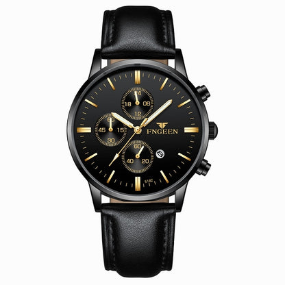 FNGEEN W5128 Men Three Eyes Subdial Luminous Quartz Watch Student Simple Watch, Black Leather Gold Shell Gold Surface, Black Leather Gold Shell Black Surface, Black Leather Gold Shell White Surface, All Black Surface Golden Nails
